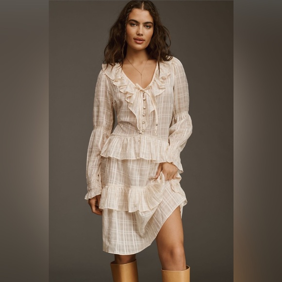 ✨ Anthropologie Long-Sleeve Sheer Ruffled Tunic Dress - Picture 1 of 11